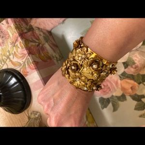 Gold Toned and Pearl Cuff w/ Intricate Design